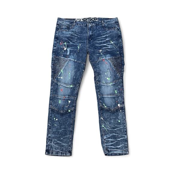 Scoop Men’s Paint Spattered Moto Jeans 38x30 Acid Wash Distressed Biker Denim - Picture 1 of 15